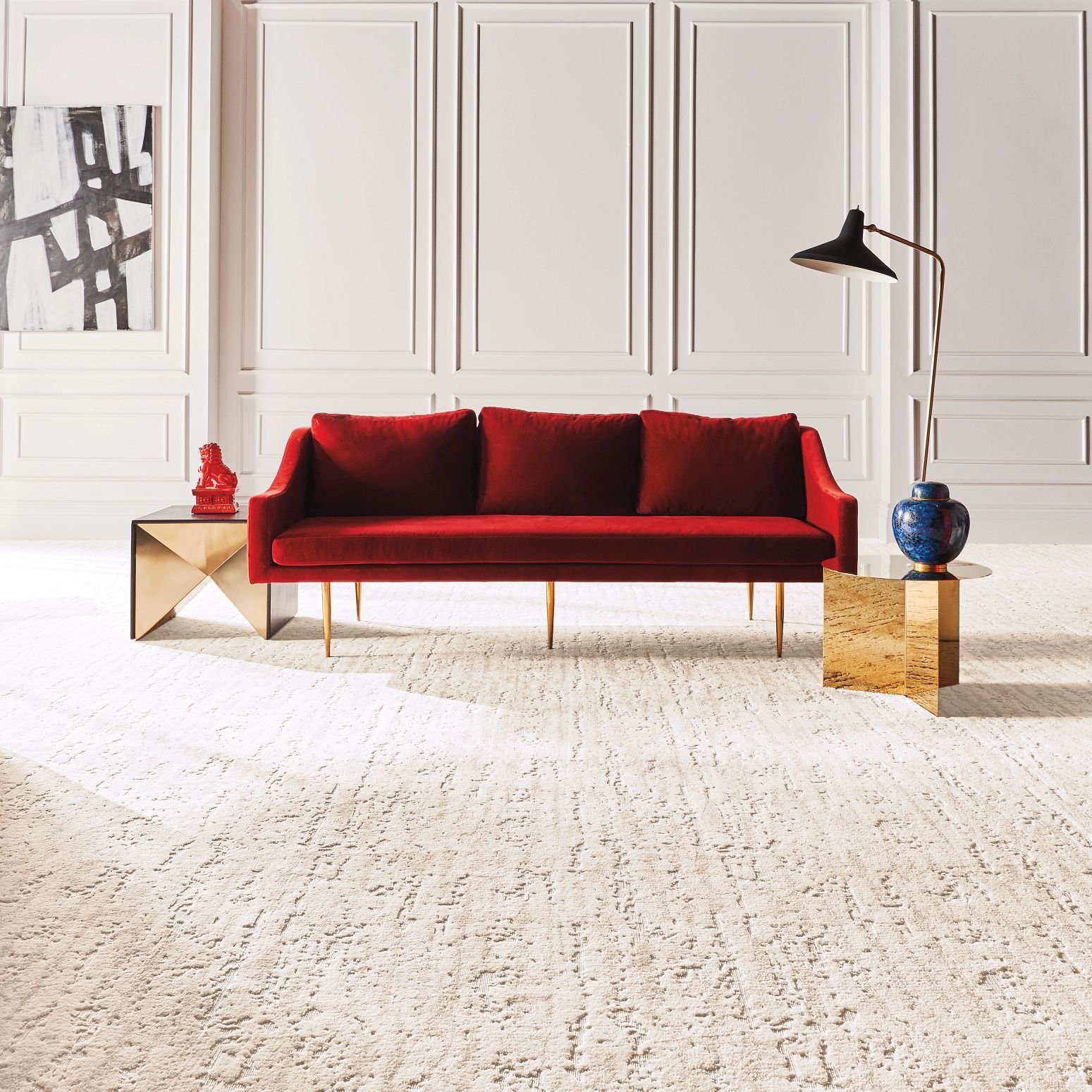 Red couch on carpet - Diamond Floor Covering in Monroe